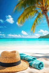 Obraz premium beach day with this idyllic scene. A classic straw hat and a soft towel rest on the sands of a tropical paradise, surrounded by palm trees and crystal-clear turquoise waters. generative AI