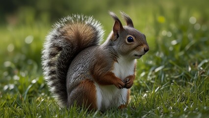 Obraz premium Curious Squirrel in Green Grass