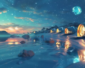 Tranquil Futuristic Beach With Glowing Sand And Sparkling Waters