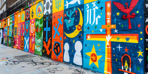 Obraz premium Arte de rua vibrante retratando símbolos religiosos