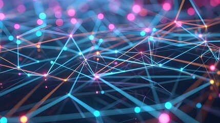 An abstract network of interconnected nodes and lines, glowing in neon blue and pink, symbolizing dynamic data interaction and connectivity.