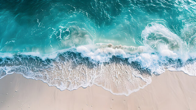 Overhead photo of crashing waves on the shoreline beach. Tropical beach surf. Abstract aerial ocean view