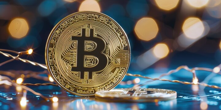 Glowing Bitcoin with lights and circuit background