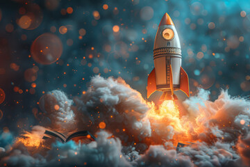 Obraz premium A surreal design depicting a toy rocket blasting off, with books transforming into clouds of colorful energy,