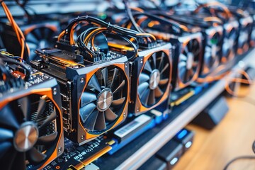 Close-up of cryptocurrency mining rig with multiple GPUs
