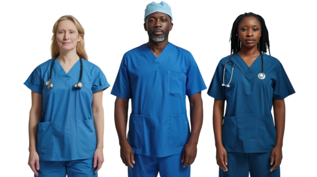 Diverse Medical Professionals Wearing Scrubs in a Clinical Setting During Daylight Hours