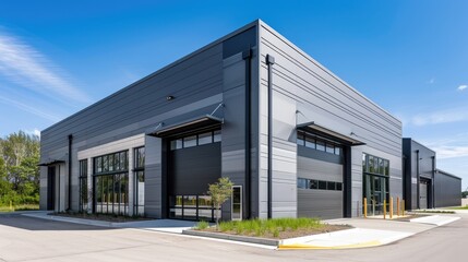 Exterior of a modern warehouse with a small office unit, Generative Ai
