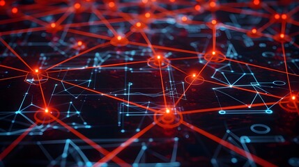 An intense red network grid with glowing connections and data points, representing high-speed data transfer and active network security monitoring.