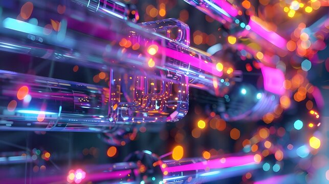 A dynamic and colorful digital workspace with streaming data and vibrant light effects, illustrating high-speed data transmission and active network monitoring.