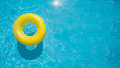 Floating gracefully on this azure canvas is a vibrant yellow pool float ring. Its cheerful hue contrasts beautifully with the cool blue water, evoking a sense of joy and carefree summer fun