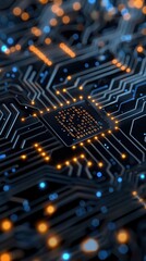 Intricate circuit board design with glowing lights, representing advanced technology and electronic innovation.