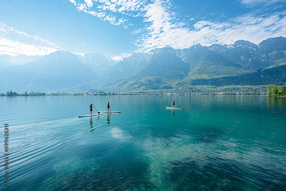 Wall mural Friends paddleboarding on lake