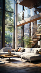 A contemporary living room with a white sectional sofa, wooden coffee table, and a modern staircase with glass railing.
