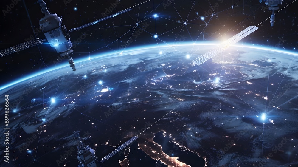 Sticker a view of earth from space with a digital overlay of network connections and satellite communication