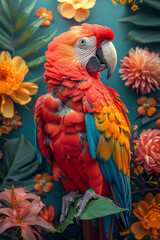 Fototapeta premium A dynamic representation of a parrot made from a collage of feathers and floral patterns, showcasing its vibrant nature,