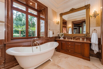 Luxurious Classic Bathroom with Clawfoot Tub and Elegant Wood Paneling
