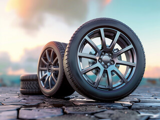 Three car tires arranged on a cracked surface with a colorful sky in the background, showcasing durability and modern design.