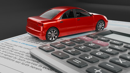car purchase and sale, financing for the purchase of a car, payment of vehicle tax, purchase and sale contract, car taxes, car insurance, vehicle purchase invoice, 3d illustration