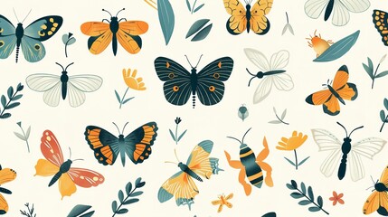 Fototapeta premium Flat illustration of insects like butterflies and bees in a seamless pattern for a nature-inspired design.