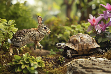 Fototapeta premium A rabbit and a tortoise in a natural setting, representing the classic fable of 'The Tortoise and the Hare' with a focus on nature and storytelling.