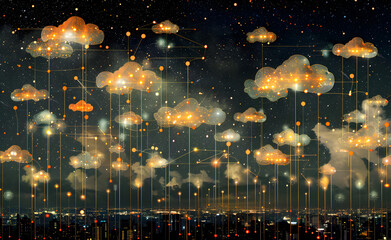 computing cloud data collection with open data, in the style of ethereal cloudscapes, light black and sky - blue