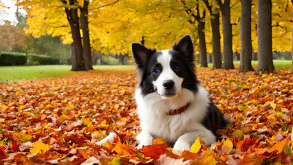 Obraz premium A cute dog playing amidst autumn leaves, capturing the heartwarming essence of the fall season with vibrant foliage