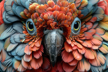 Fototapeta premium A captivating depiction of a parrot made from a variety of feathers, showcasing an explosion of color and patterns,