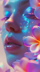 This artistic portrait captures a woman adorned with flowers and light reflections on her face. The vibrant colors and ethereal glow create a dreamy, surreal atmosphere, perfect for creative projects.