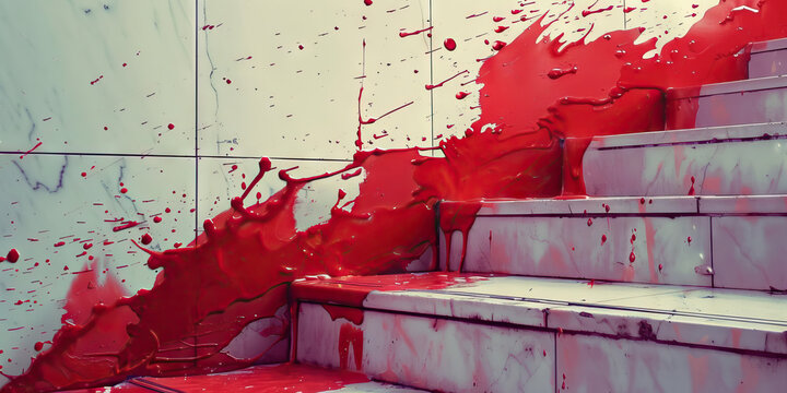 A fumbled spill on the stairs: Red paint splatters across white tile - Powered by Adobe