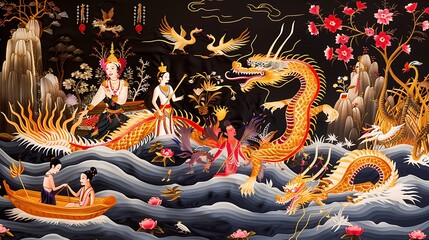 Obraz premium Ethereal Depiction of Mythical Creatures in an Asian-Inspired Tapestry
