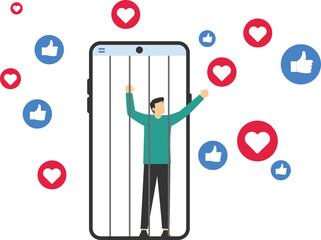 Young man Social Media Addiction Mobile Phone Prisoner. Health problems. Modern flat style concept vector illustration. Modern lifestyle.

