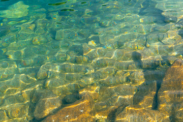 Transparent clean blue water in a mountain lake. Water background. Black Lake below Mount Rysy, Tatra Mountains