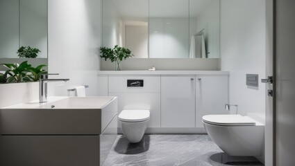 Fototapeta premium a highly detailed, hyper-realistic, cinematic photograph of a sparkling clean, organized, and minimalist bathroom, with gentle, softbox lighting