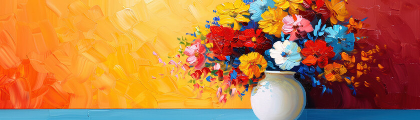 Vibrant still life of colorful flowers in a white vase against a gradient background. Perfect for home decor, art lovers, and seasonal themes.