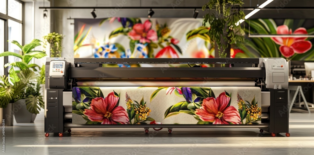 Aufkleber a large format printer in a modern studio prints a vibrant floral design on fabric