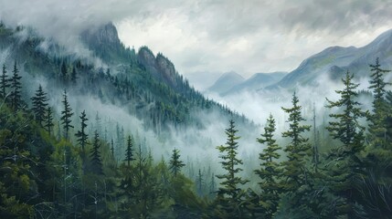 Misty Mountain Landscape with Evergreen Trees