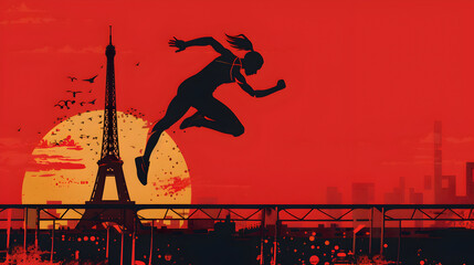 Minimalist Hurdler: Simple outline of a hurdler in mid-leap with the Eiffel Tower in the background on a red background.


