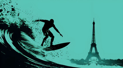 Minimalist Surfer: Silhouette of a surfer riding a wave with the Eiffel Tower in the background on a turquoise background.


