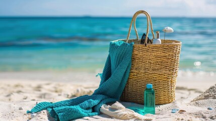 Beach bag with blue towel and water bottle on white sand