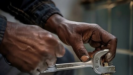 Close-up of a plumber's hand using a wrench to unclog a kitchen sink, stainless steel fauce