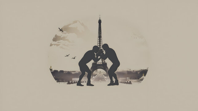 Minimalist Wrestler: Silhouette of two wrestlers grappling with the Eiffel Tower in the background on a grey background.


