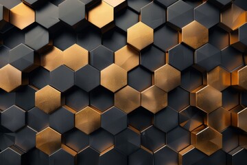 3d rendering of abstract hexagonal background in golden and black color