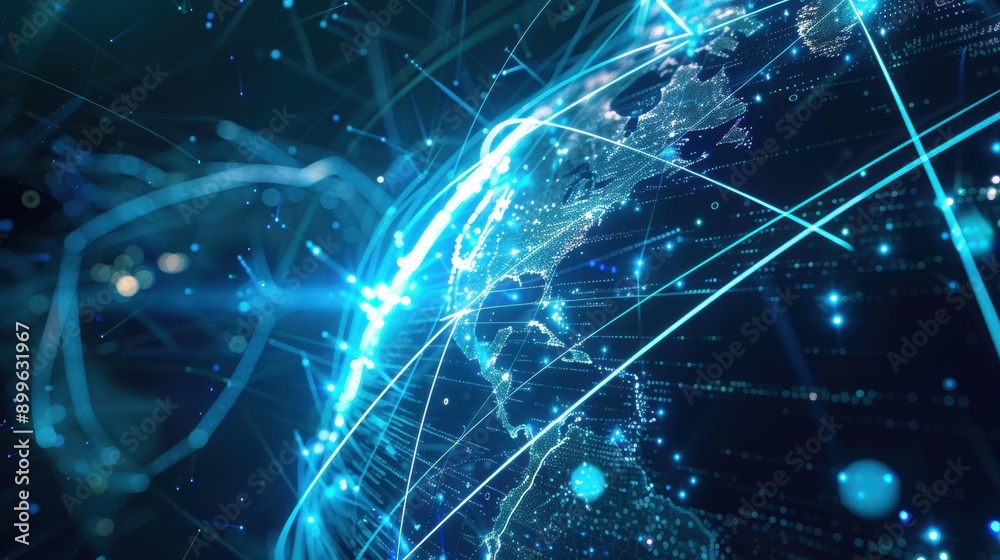 Poster A 3D Rendering of a Blue Digital Globe with Connections