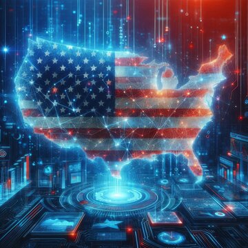 Digital map of USA, concept of American global network and connectivity, data transfer and cyber technology, electronic vote, information exchange and telecommunication
