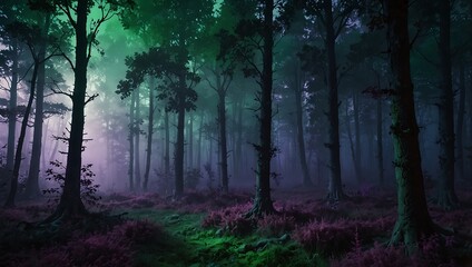 Fototapeta premium Fantasy forest with a green to purple gradient background