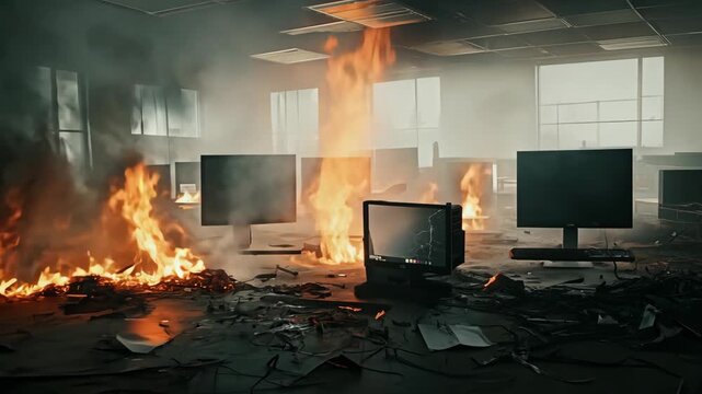 Flames roar as an abandoned office is consumed by fire, smoke billows around scattered debris, creating a haunting atmosphere of chaos and devastation.