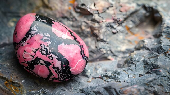 Polished rhodonite stone with vibrant pink and black patterns.