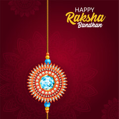 A Happy Raksha Bandhan card featuring one Rakhi decorated with colorful beads and designs the red background is adorned with a golden floral pattern and the text reads Happy Raksha Bandhan