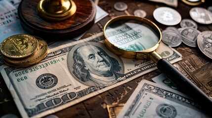 Dollars lie on a wooden table. Bitcoin coins and a magnifying glass are nearby. The concept of comparing dollar and bitcoin money