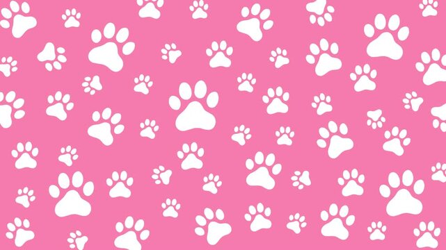 Animated Cat and dog  seamless Paw Pattern Background 4K video. White paws on Pink background.